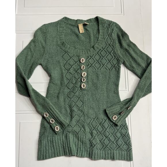Buckle Sweaters - BKE Buckle Sweater Green Medium Scoop Neck Open Knit Large Button